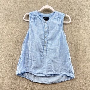 Tahari 100% Linen Chambray Sleeveless Henley Top Blue Women’s Small